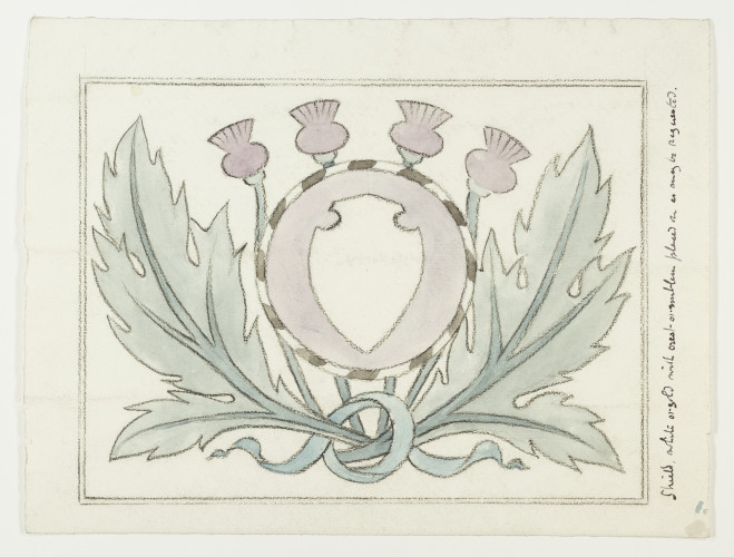 Four purple thistle heads and green leaf surrounding central shield.