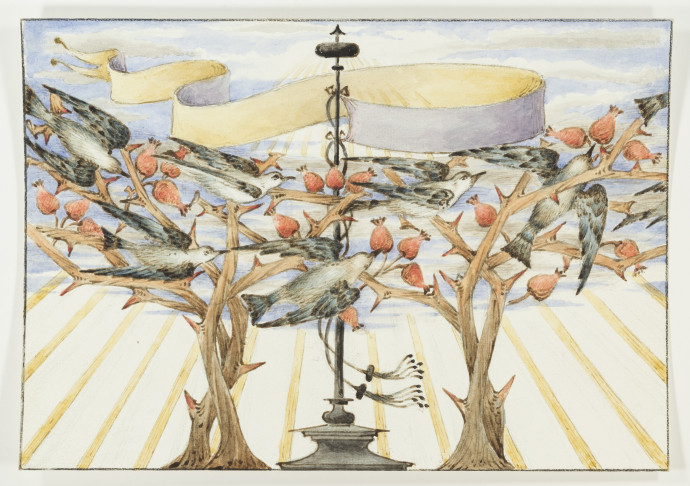 Six swifts, rosehip branches and pillar with banner against background of sky with clouds and sunbeams.