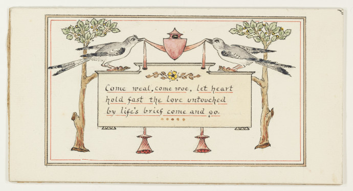 Design for ornamented verse, in brown, greens, grey, etc watercolour