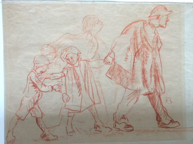 sketch in red pencil of man leading two children with another figure behind