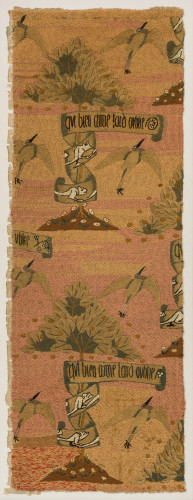 A tall embroidery showing birds and trees with the words 'qui bien aime tard oublie'