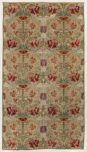 Embroidered flower heads and leaves stitched on cream linen