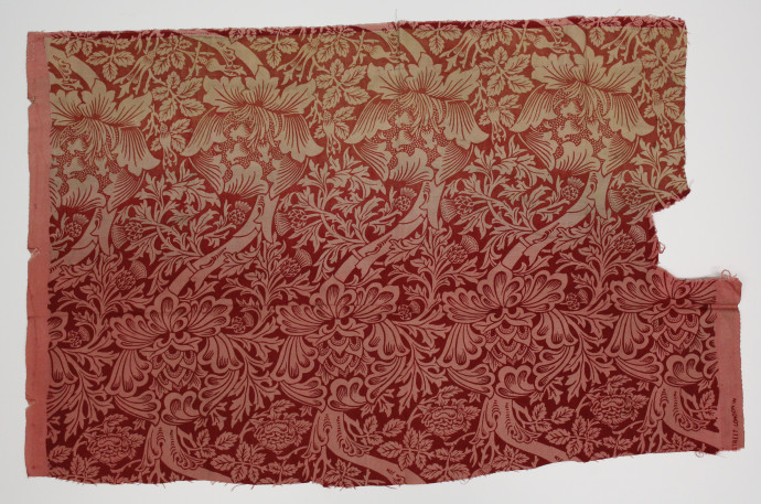 Fabric sample with a design featuring leaves, flowers and curved stems in shades of red.