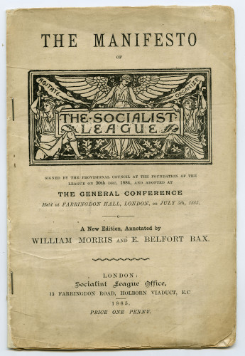 The cover of a socialist pamphlet showing the Socialist League logo, address and key members including William Morris.