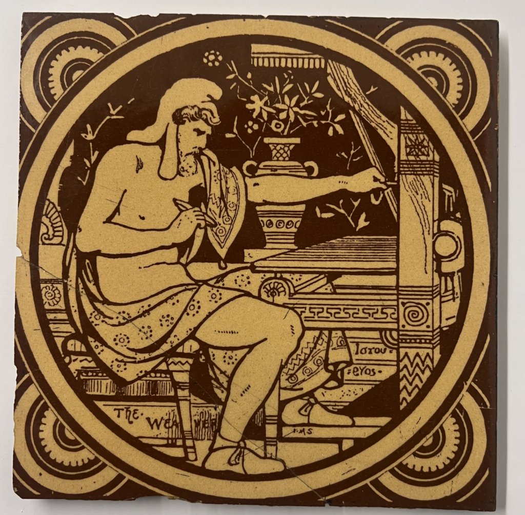 yellow and brown men seated at loom