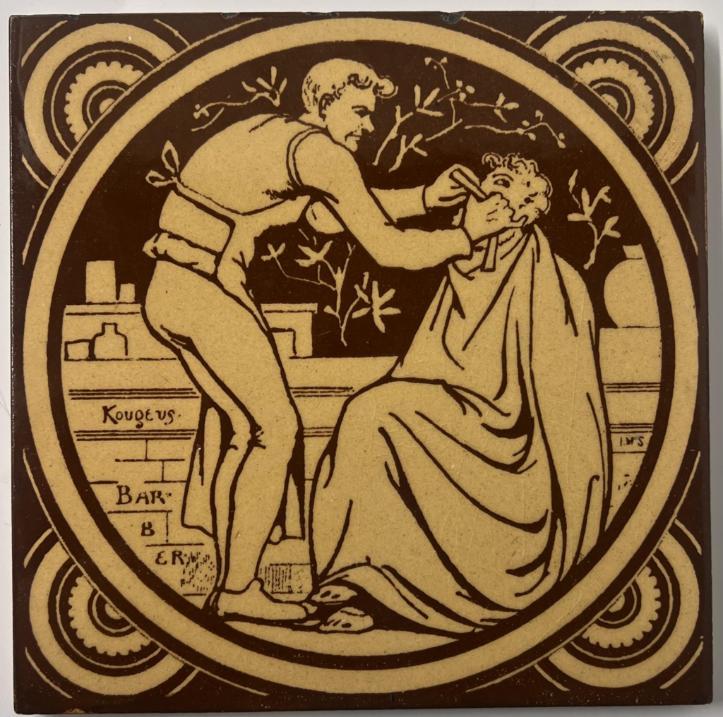yellow and brown tiles showing one man standing, shaving another man who is seated