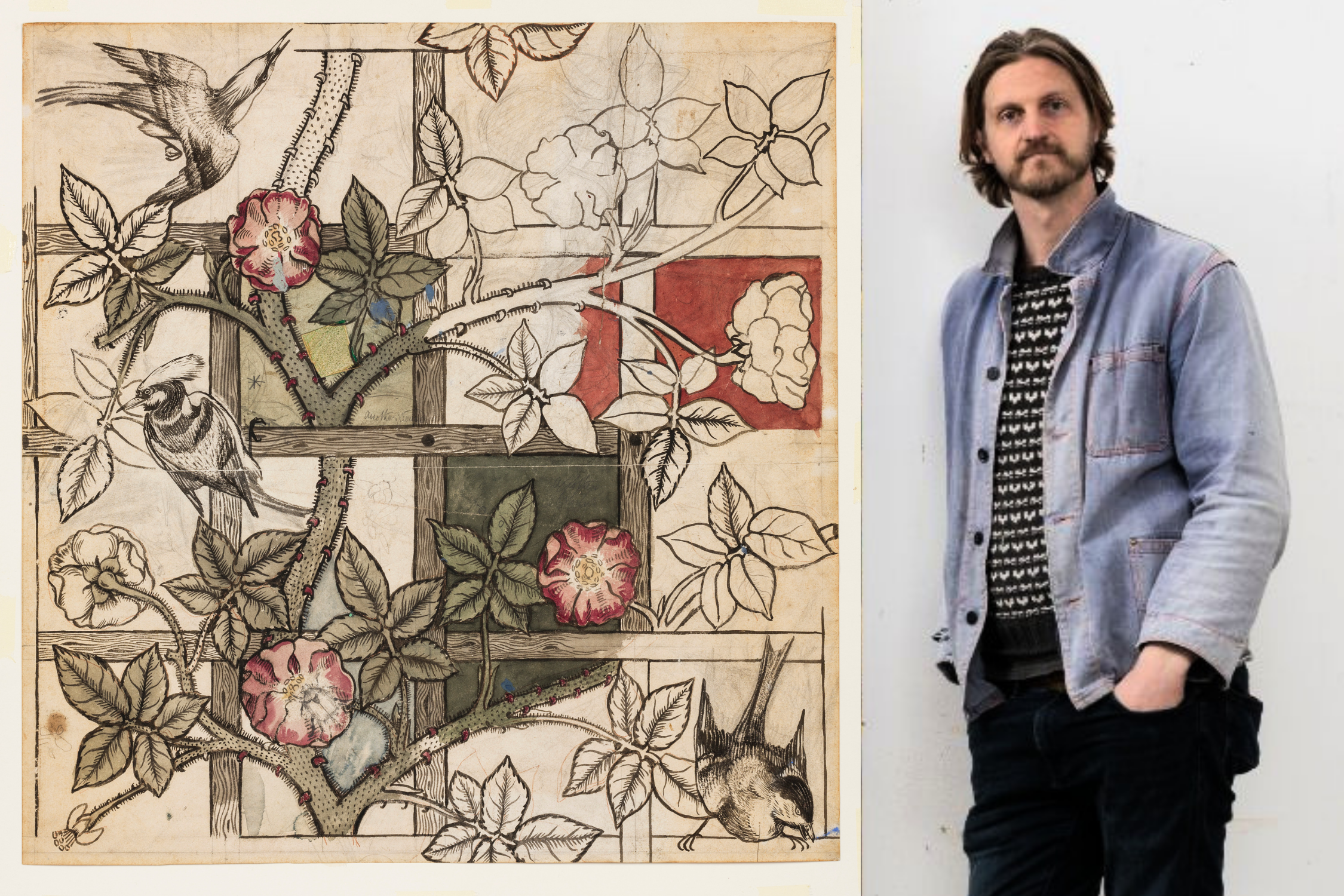 Alastair Gordon stands to the right of William Morris's design for Trelis wallpaper