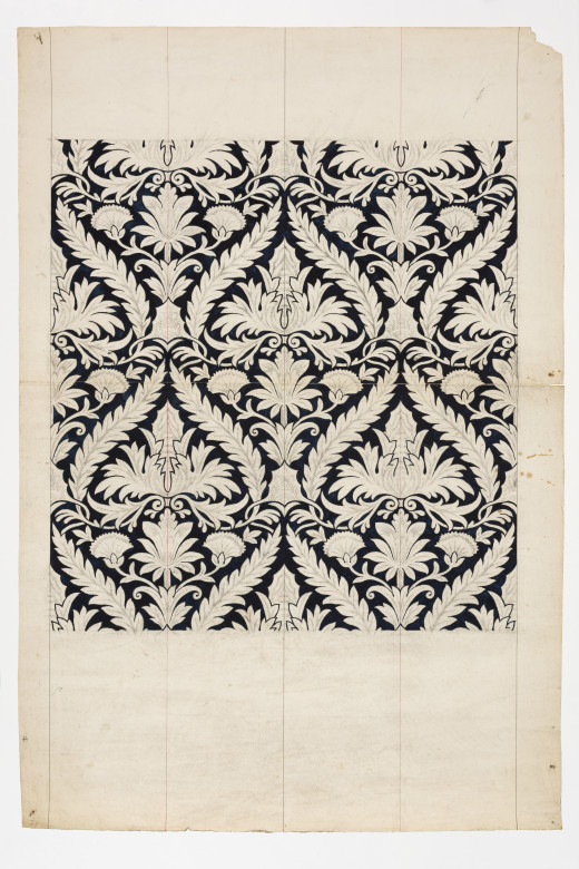 A formal wallpaper design showing tessellating groups of leaves on a dark background