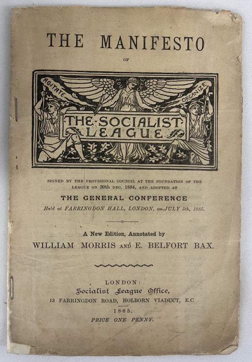 The cover of a socialist pamphlet showing the Socialist League logo, address and key members including William Morris.