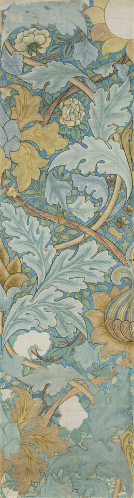 A tall floral pattern with roses and swirling acanthus leaves in blues and yellows
